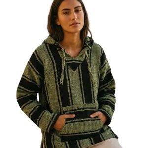 Mexican Baja pull over jacket hooded Mexican drug rug shirt striped med/ Lg